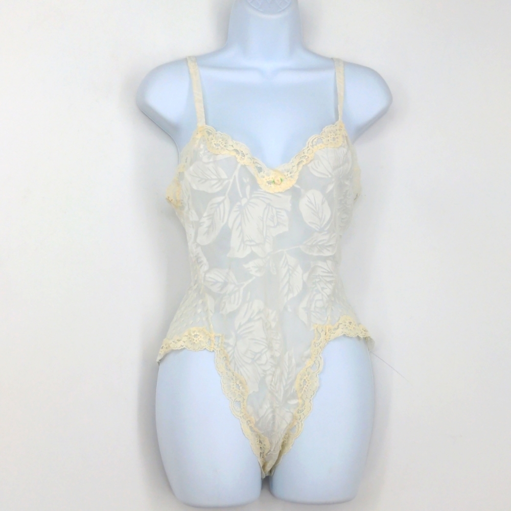 VTG Circa 2000 Lace Bodysuit High Cut Sheer Mesh Lace Teddy Playsuit Lingerie M